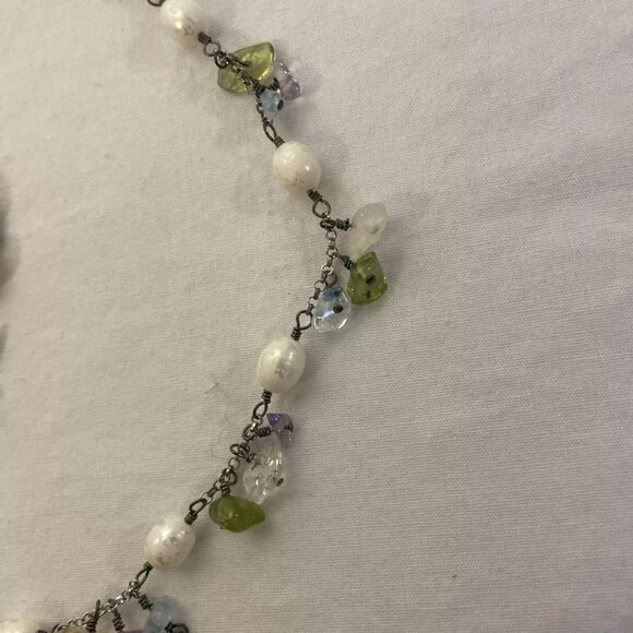 Elegant Multicolored Natural Gemstone Faux Pearl 16" Choker Matching Earring 925 - Picture 4 of 9